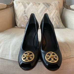 Black Tory Burch lightly worn open toe wedges